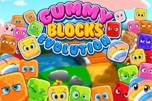 Fargerike firkanter med ansiktsuttrykk rundt teksten Gummy Blocks Evolution foran et landskap med elv og skyer