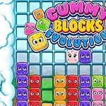 Fargerike firkanter med ansiktsuttrykk rundt teksten Gummy Blocks Evolution foran et landskap med elv og skyer