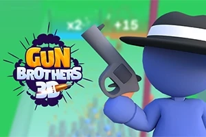 Blå tegneseriefigur med svart hatt holder en pistol, med teksten Gun Brothers 3D ved siden av