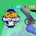 Blå tegneseriefigur med svart hatt holder en pistol, med teksten Gun Brothers 3D ved siden av