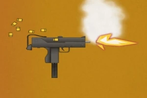 En grå maskinpistol som skyter, med en flamme og hvit røyk mot høyre, og patronhylser som faller ut til venstre, på en oransje bakgrunn