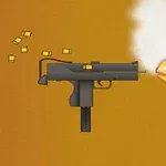 En grå maskinpistol som skyter, med en flamme og hvit røyk mot høyre, og patronhylser som faller ut til venstre, på en oransje bakgrunn