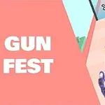 Flere lilla og svarte pistoler skyter gule prosjektiler mot en multipliserende port, med teksten Gun Fest på venstre side av bildet