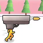 En animert figur løper gjennom et stort pistollignende objekt mot en stor flaske med papirpenger oppå, med tegneseriemessige trær i bakgrunnen