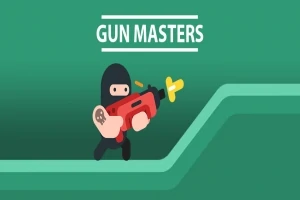 En tegnet figur kledd som en ninja skyter et rødt våpen mot en grønn bakgrunn med teksten Gun Masters