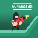 En tegnet figur kledd som en ninja skyter et rødt våpen mot en grønn bakgrunn med teksten Gun Masters