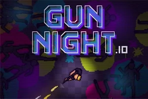 Fargerik illustrasjon med teksten Gun Night i neonstil og en figur med en pistol skyter mot venstre nederst i bildet