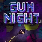 Fargerik illustrasjon med teksten Gun Night i neonstil og en figur med en pistol skyter mot venstre nederst i bildet
