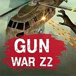 Et helikopter skyter mot en aggressiv zombie foran en rød bakgrunn med teksten GUN WAR Z2