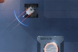 En liten robot med blå og røde lysstråler beveger seg mot et panel merket bonus på en mørk bakgrunn