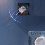 En liten robot med blå og røde lysstråler beveger seg mot et panel merket bonus på en mørk bakgrunn