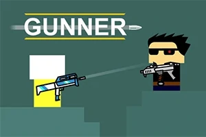 To figurer med våpen står mot hverandre på en blå bakgrunn, med teksten GUNNER over dem