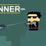 To figurer med våpen står mot hverandre på en blå bakgrunn, med teksten GUNNER over dem