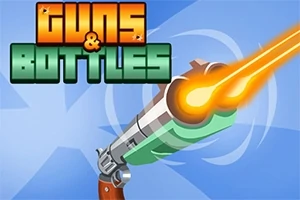 Tegneseriestil illustrasjon med en pistol som skyter oransje kuler og teksten Guns & Bottles i bakgrunnen