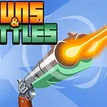 Tegneseriestil illustrasjon med en pistol som skyter oransje kuler og teksten Guns & Bottles i bakgrunnen