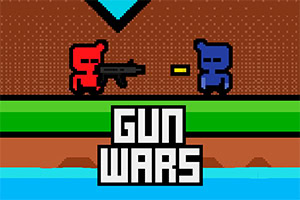 To pixel-tegn, en rød og en blå, står mot hverandre med ett skytevåpen mellom seg, og teksten Gun Wars vises nederst