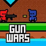To pixel-tegn, en rød og en blå, står mot hverandre med ett skytevåpen mellom seg, og teksten Gun Wars vises nederst