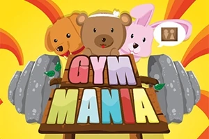 Illustrasjon av en hund, en bjørn og en kanin bak teksten GYM MANIA med fargerikt design og vektstenger i bakgrunnen