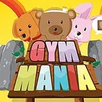 Illustrasjon av en hund, en bjørn og en kanin bak teksten GYM MANIA med fargerikt design og vektstenger i bakgrunnen