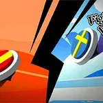 To sirkelformede objekter med flaggmotiver fra Nord-Makedonia og Sverige mot hverandre på en dynamisk bakgrunn, med teksten Fight to be Winner