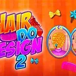Fargerik plakat med teksten Hair Do Design 2 og illustrasjoner av to frisyrer i ovale rammer, omgitt av hårpynt