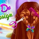 Illustrasjon av bakhodet på en person med flettet hår, dekorert med en fargerik sommerfuglspenne, saks og kam, med teksten Hair Do Design i fargerik skrift