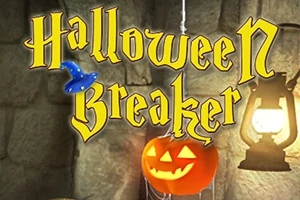 Teksten Halloween Breaker i gule bokstaver over en lykt og et gresskar med utskåret ansikt