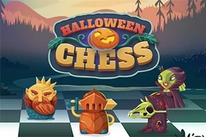 En sjakkbrettscene med halloween-tema med fantasifulle brikker, inkludert et gresskarformet ansikt og en grønnheks