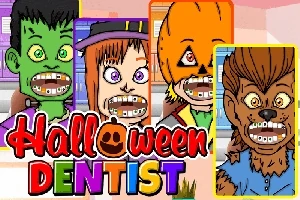 Fire tegneseriefigurer med forskjellige Halloween-kostymer og tannregulering vises foran teksten Halloween Dentist