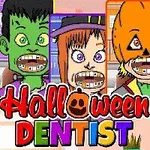 Fire tegneseriefigurer med forskjellige Halloween-kostymer og tannregulering vises foran teksten Halloween Dentist