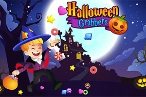 En tegnet gutt i heksekostyme med godteri, foran et skummelt hus og en fullmåne i en Halloween-scene