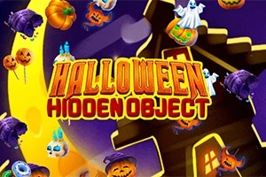 En fargerik illustrasjon med halloween-tema som viser gresskar, spøkelser og teksten Halloween Hidden Object mot en nattlig bakgrunn med månelys