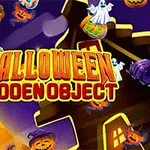 En fargerik illustrasjon med halloween-tema som viser gresskar, spøkelser og teksten Halloween Hidden Object mot en nattlig bakgrunn med månelys
