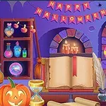 En illustrasjon med et Halloween-tema, inkludert en åpen bok, gresskar, stearinlys, krukker med eliksirer, en banner med Happy Halloween og andre dekorative elementer