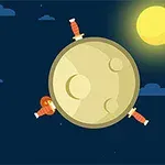 En rund planet med kratere har to sverd stukket inn i seg, med en soldat i hjelm som ser ut mot en gul sol, alt mot en mørk nattehimmel med skyer