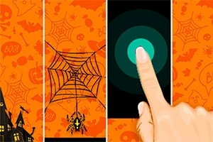 En hånd peker på en skjerm omgitt av Halloween-tema med edderkopper, spindelvev og gresskar på oransje bakgrunn