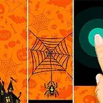 En hånd peker på en skjerm omgitt av Halloween-tema med edderkopper, spindelvev og gresskar på oransje bakgrunn