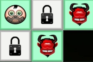 Fem ruter med symboler av et monsteransikt, to hengelåser og en demonaktig maske