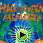 Tegneserieaktig Halloween-scene med gresskar, graver, heksegryte og en spillknapp