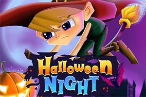 En tegnet karakter kledd som en heks, svevende på en kosteskaft, med teksten Halloween Night foran seg og en fullmåne og gresskar i bakgrunnen