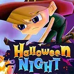 En tegnet karakter kledd som en heks, svevende på en kosteskaft, med teksten Halloween Night foran seg og en fullmåne og gresskar i bakgrunnen