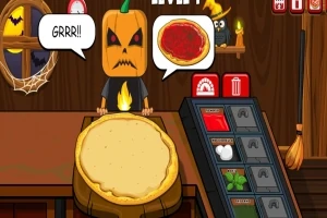 En illustrasjon av en figur med et gresskarhode som bestiller pizza i en halloween-inspirert setting med et trepanelinteriør og en ugle som ser på