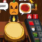En illustrasjon av en figur med et gresskarhode som bestiller pizza i en halloween-inspirert setting med et trepanelinteriør og en ugle som ser på