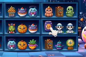 Hyller fulle av fargerike Halloween-figurer, inkludert gresskar, katter i krukker, skjeletter og andre dekorasjoner
