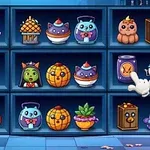 Hyller fulle av fargerike Halloween-figurer, inkludert gresskar, katter i krukker, skjeletter og andre dekorasjoner