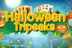Fargerik illustrasjon med teksten Halloween Tripeaks, omgitt av gresskar, sopp og spillkort, med et nattlig landskap i bakgrunnen