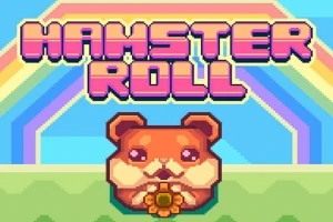 Illustrasjon av et søtt hamster med store øyne og en blomst i munnen, med fargerike regnbuer og teksten Hamster Roll i bakgrunnen