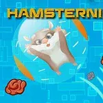 En hamster i en blå boble med fargerike detaljer og bakgrunn av geometriske mønstre