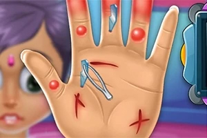 Hand Doctor En tegnet hånd med røde utslett, sår, splinter og en pinsett som viser synlige skader