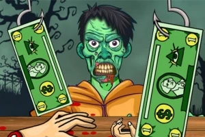 En tegnet zombie iført oransje hettegenser står bak en disk, omgitt av store penger med kroker som henger foran den